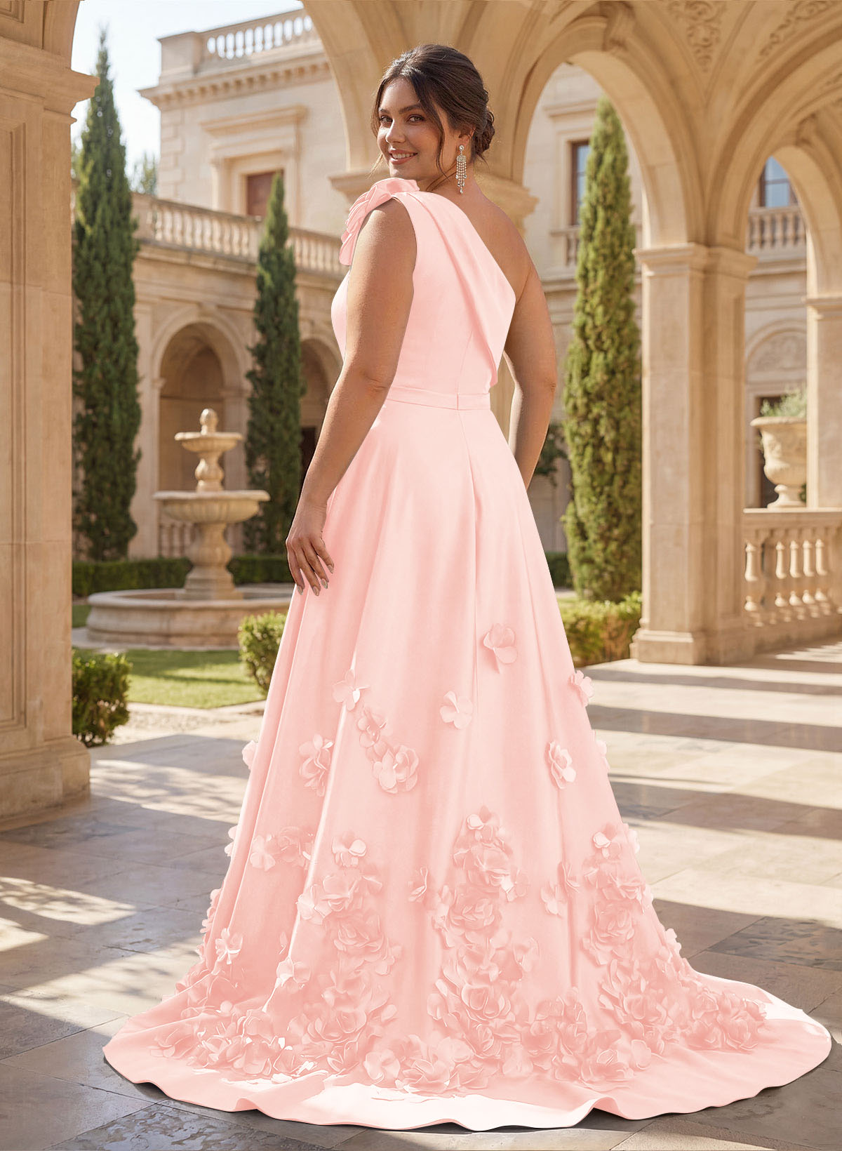 One-Shoulder Detachable Sweep Train Mother Of The Bride Dresses With Flower