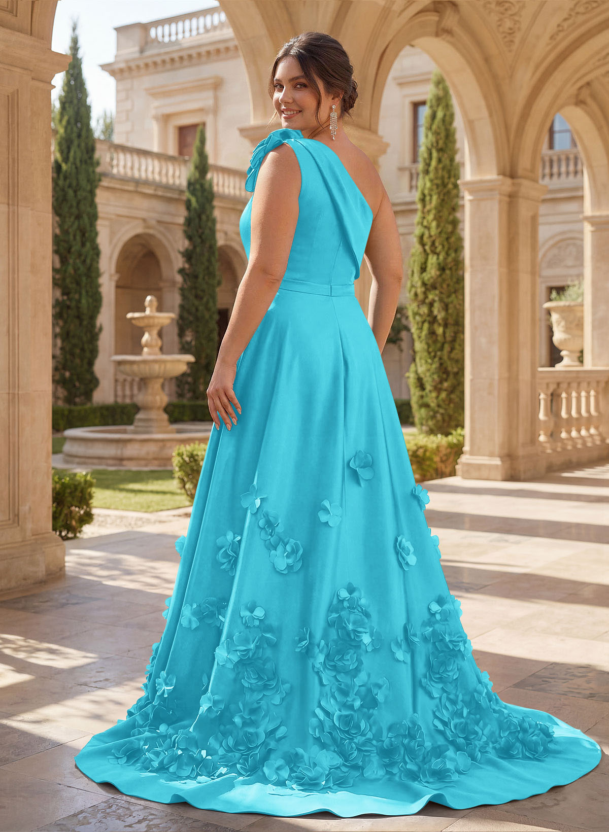 One-Shoulder Detachable Sweep Train Mother Of The Bride Dresses With Flower