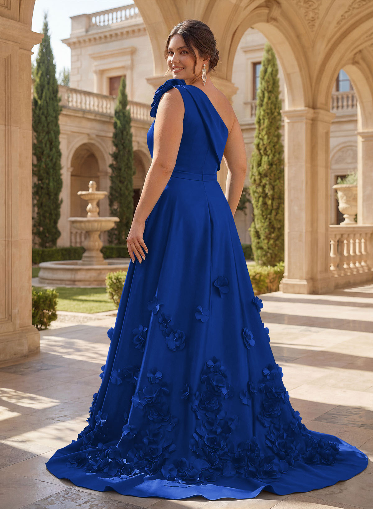 One-Shoulder Detachable Sweep Train Mother Of The Bride Dresses With Flower