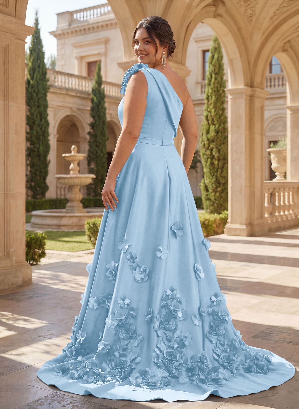 One-Shoulder Detachable Sweep Train Mother Of The Bride Dresses With Flower