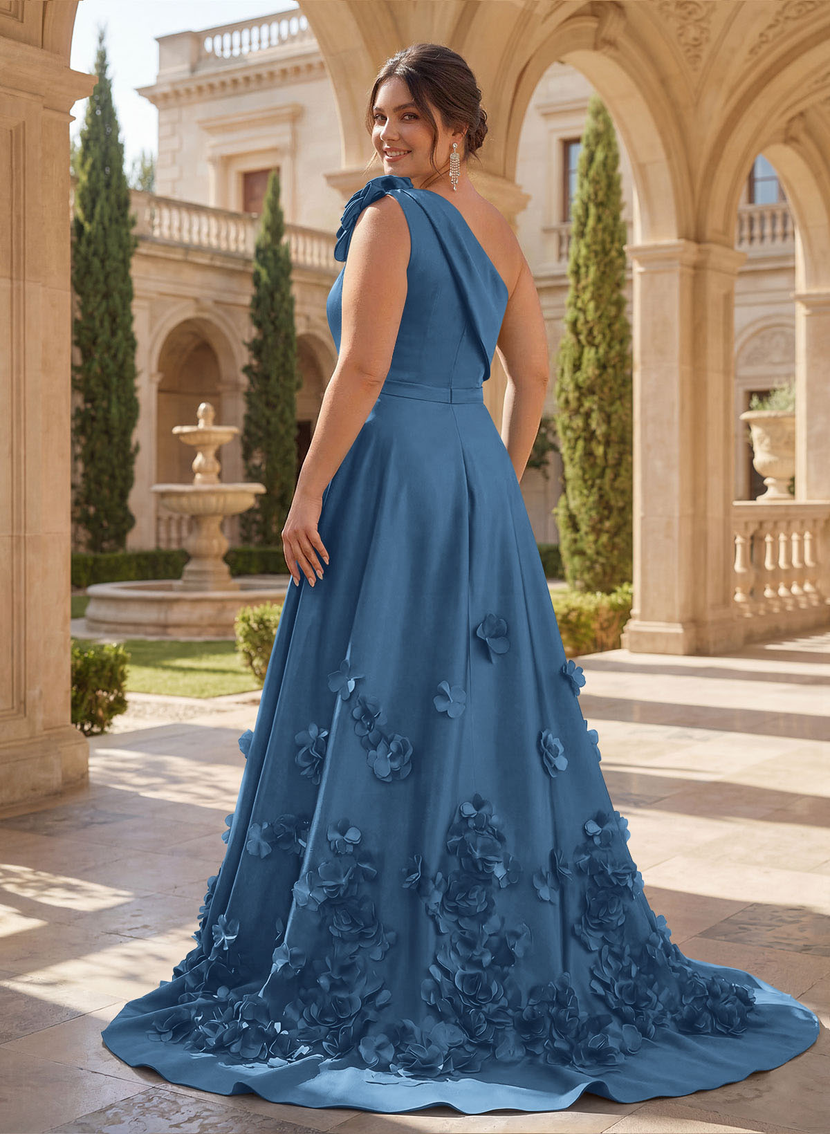 One-Shoulder Detachable Sweep Train Mother Of The Bride Dresses With Flower