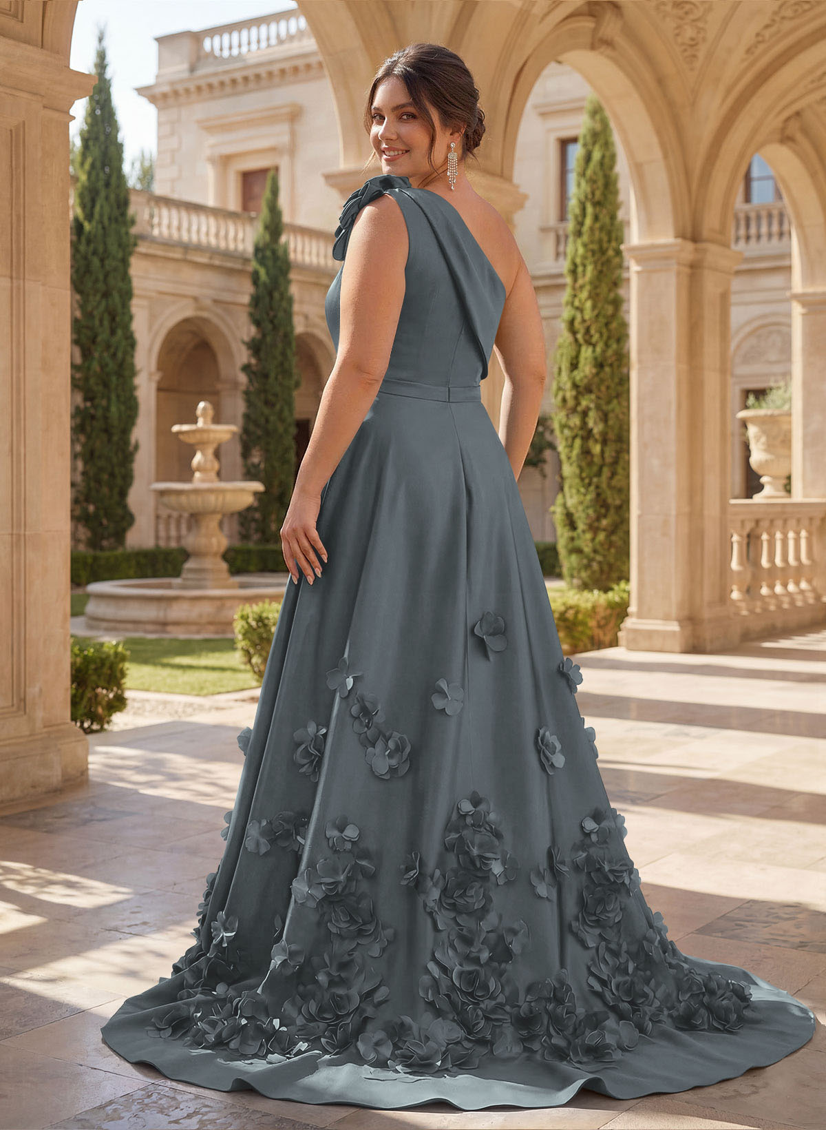 One-Shoulder Detachable Sweep Train Mother Of The Bride Dresses With Flower