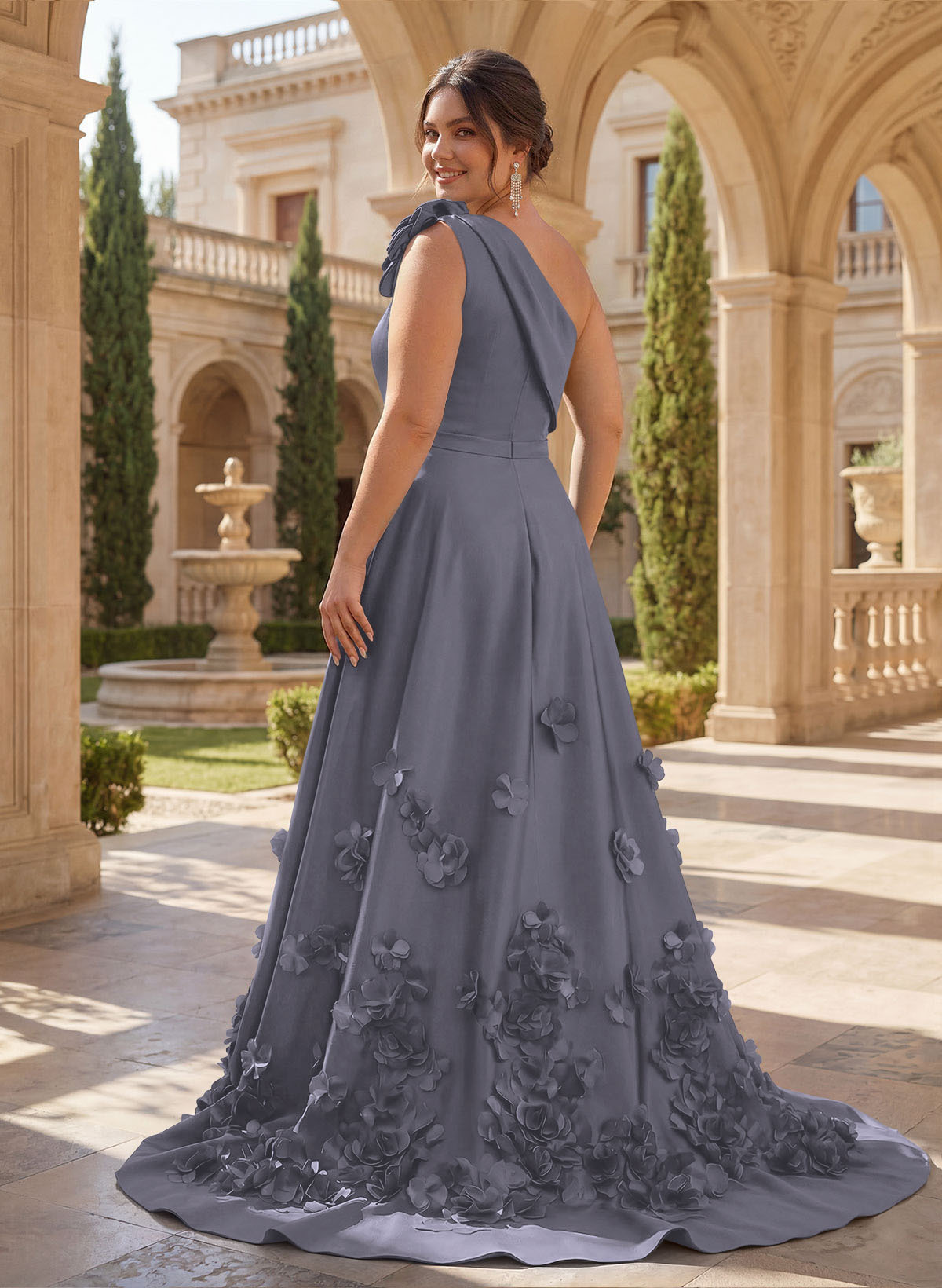One-Shoulder Detachable Sweep Train Mother Of The Bride Dresses With Flower