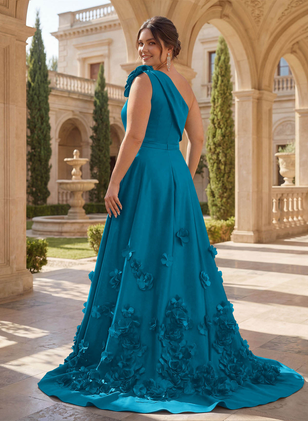 One-Shoulder Detachable Sweep Train Mother Of The Bride Dresses With Flower