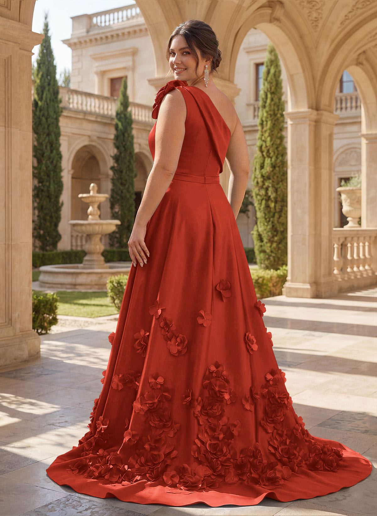 One-Shoulder Detachable Sweep Train Mother Of The Bride Dresses With Flower