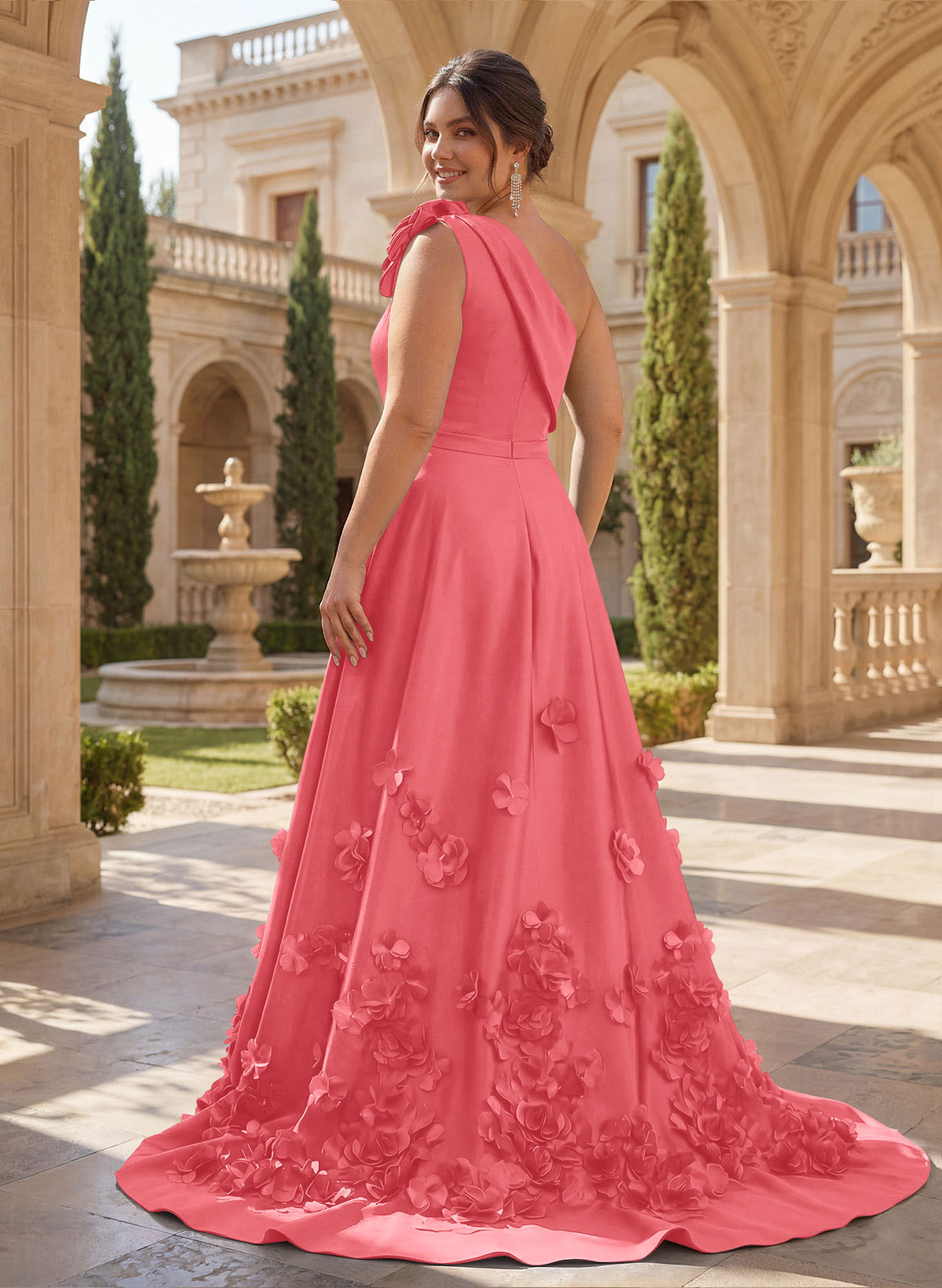 One-Shoulder Detachable Sweep Train Mother Of The Bride Dresses With Flower