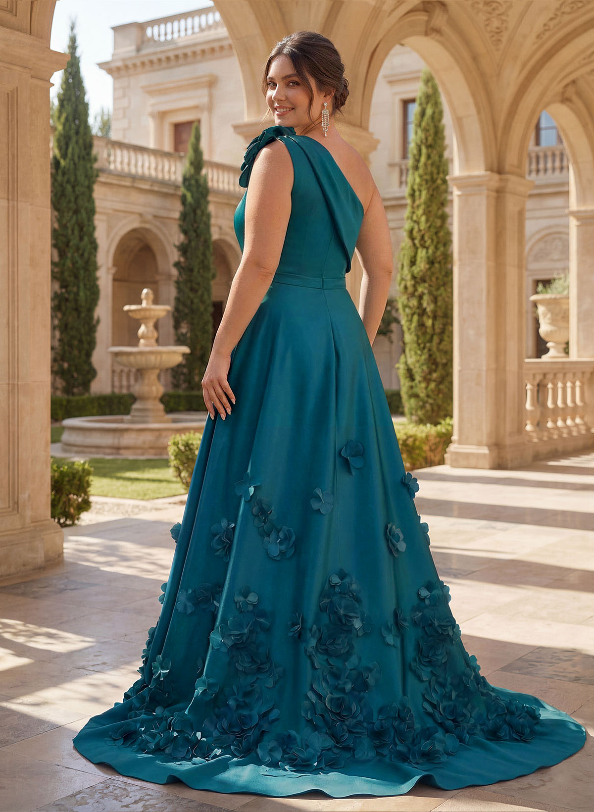 One-Shoulder Detachable Sweep Train Mother Of The Bride Dresses With Flower