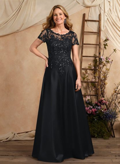 A-Line Illusion Neck Short Sleeves Floor-Length Lace Satin Sequined Mother Of The Bride Dresses