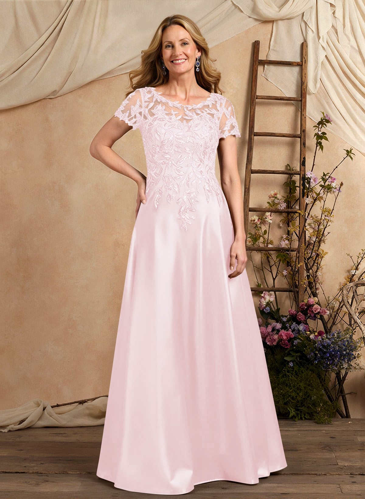 A-Line Illusion Neck Short Sleeves Floor-Length Lace Satin Sequined Mother Of The Bride Dresses
