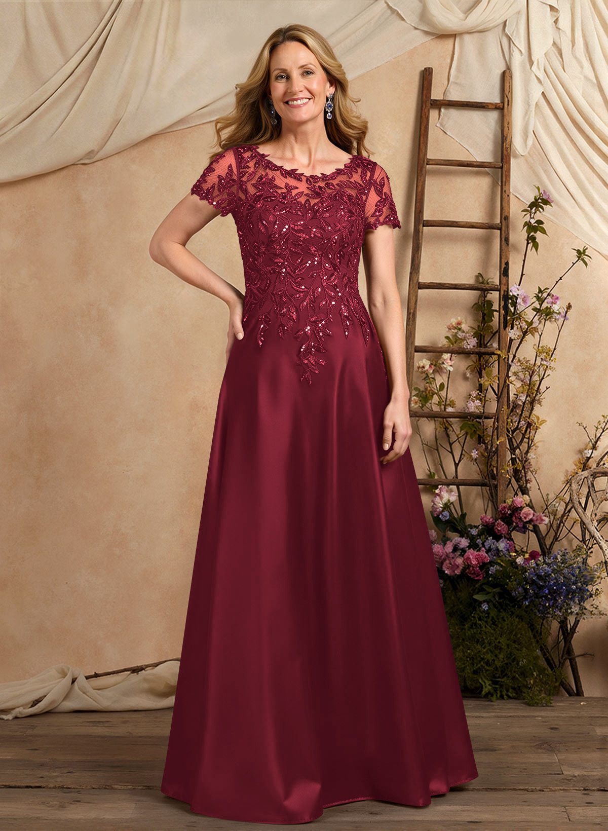 A-Line Illusion Neck Short Sleeves Floor-Length Lace Satin Sequined Mother Of The Bride Dresses