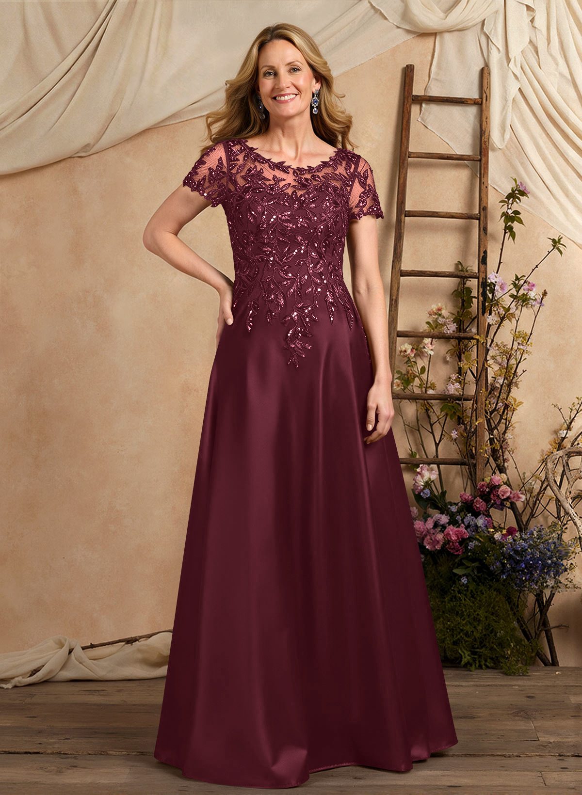 A-Line Illusion Neck Short Sleeves Floor-Length Lace Satin Sequined Mother Of The Bride Dresses