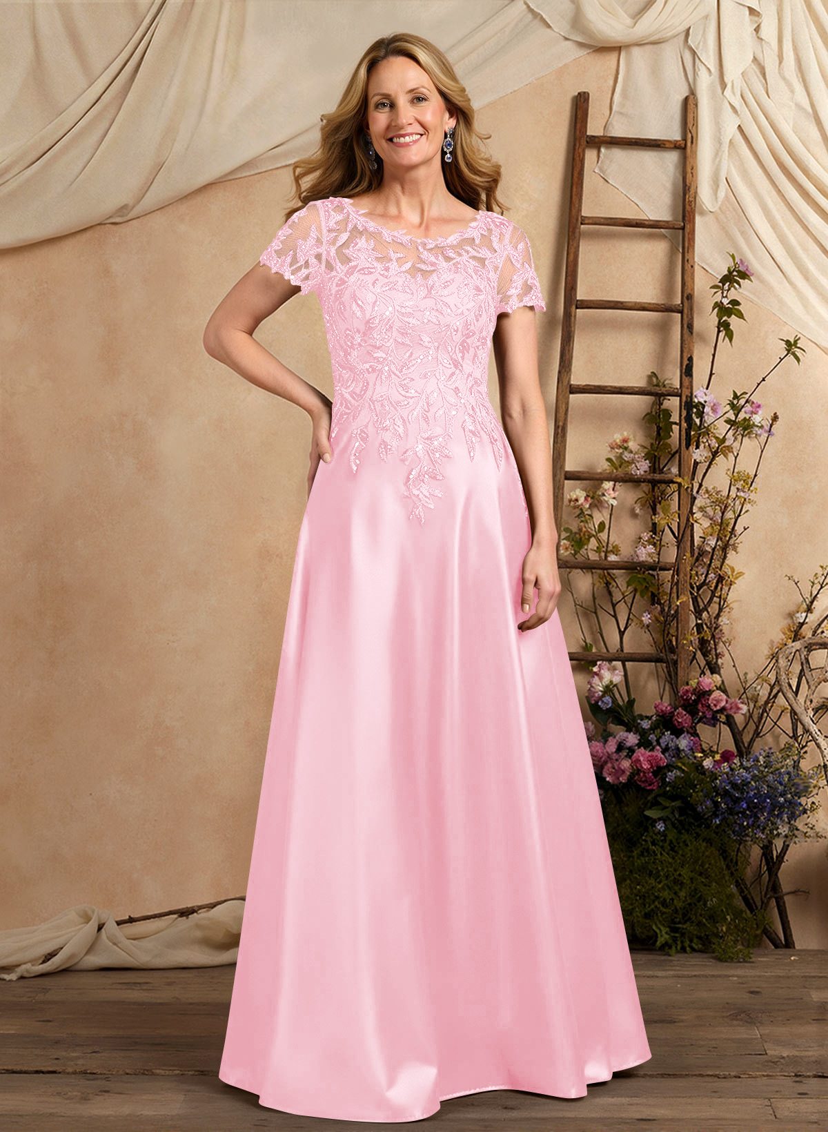 A-Line Illusion Neck Short Sleeves Floor-Length Lace Satin Sequined Mother Of The Bride Dresses
