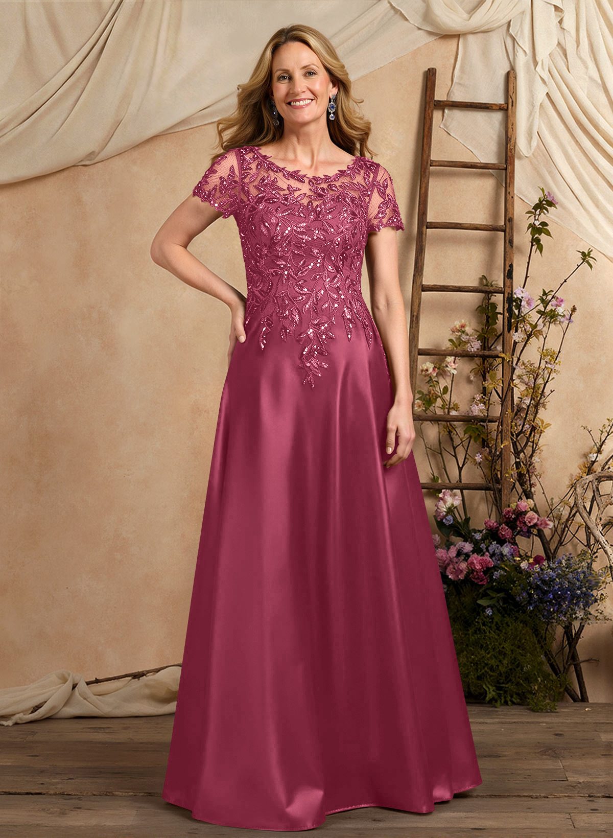 A-Line Illusion Neck Short Sleeves Floor-Length Lace Satin Sequined Mother Of The Bride Dresses