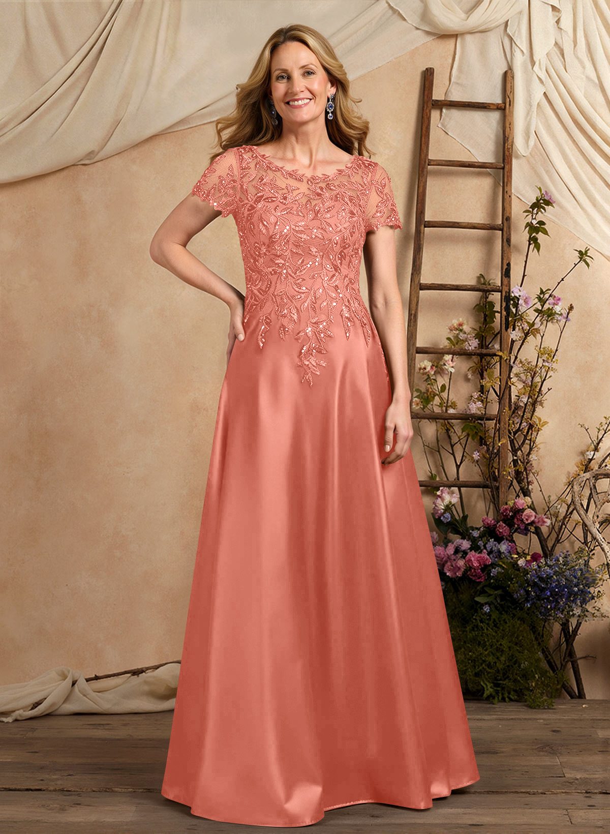 A-Line Illusion Neck Short Sleeves Floor-Length Lace Satin Sequined Mother Of The Bride Dresses