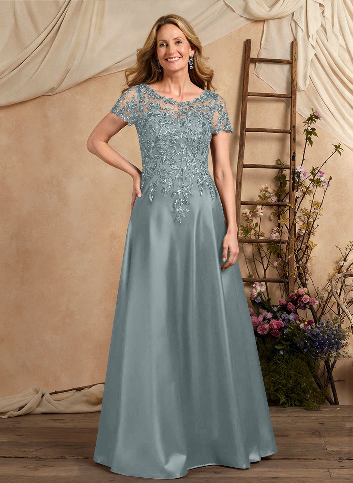 A-Line Illusion Neck Short Sleeves Floor-Length Lace Satin Sequined Mother Of The Bride Dresses