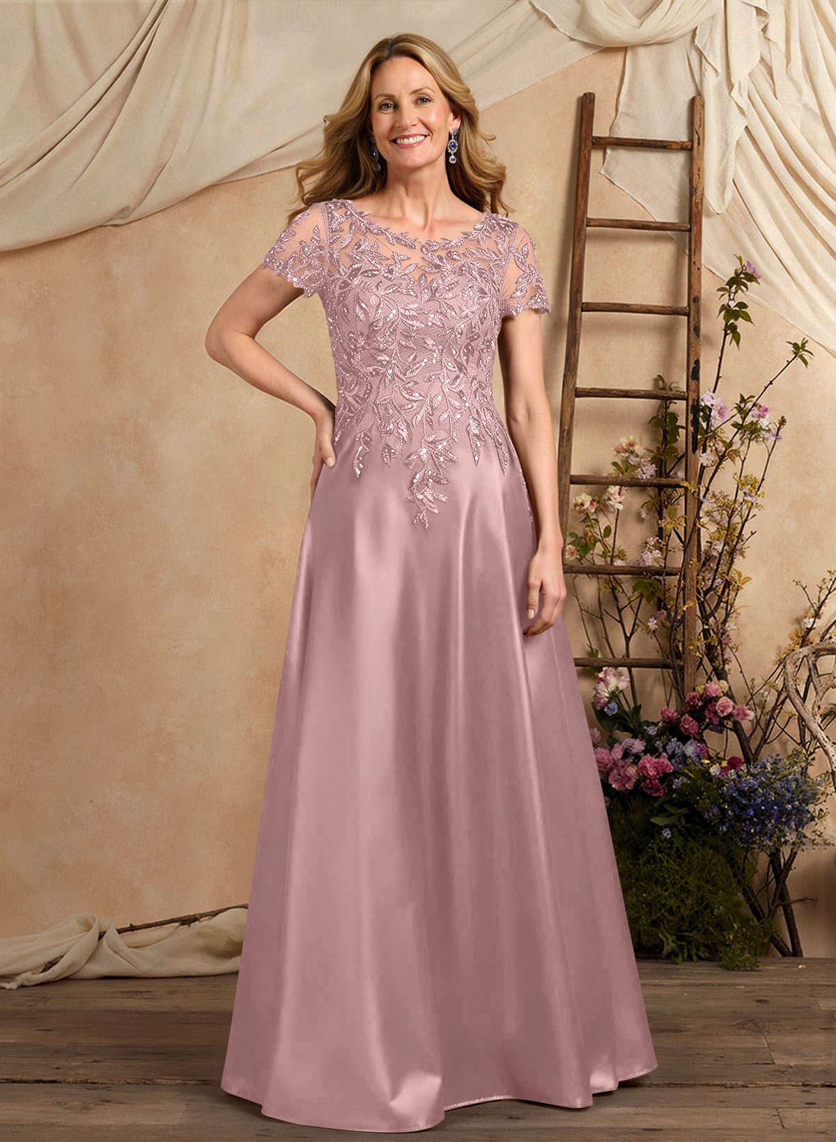 A-Line Illusion Neck Short Sleeves Floor-Length Lace Satin Sequined Mother Of The Bride Dresses
