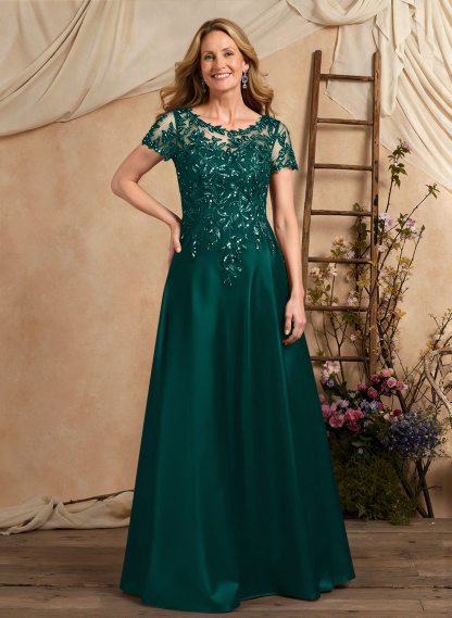 A-Line Illusion Neck Short Sleeves Floor-Length Lace Satin Sequined Mother Of The Bride Dresses