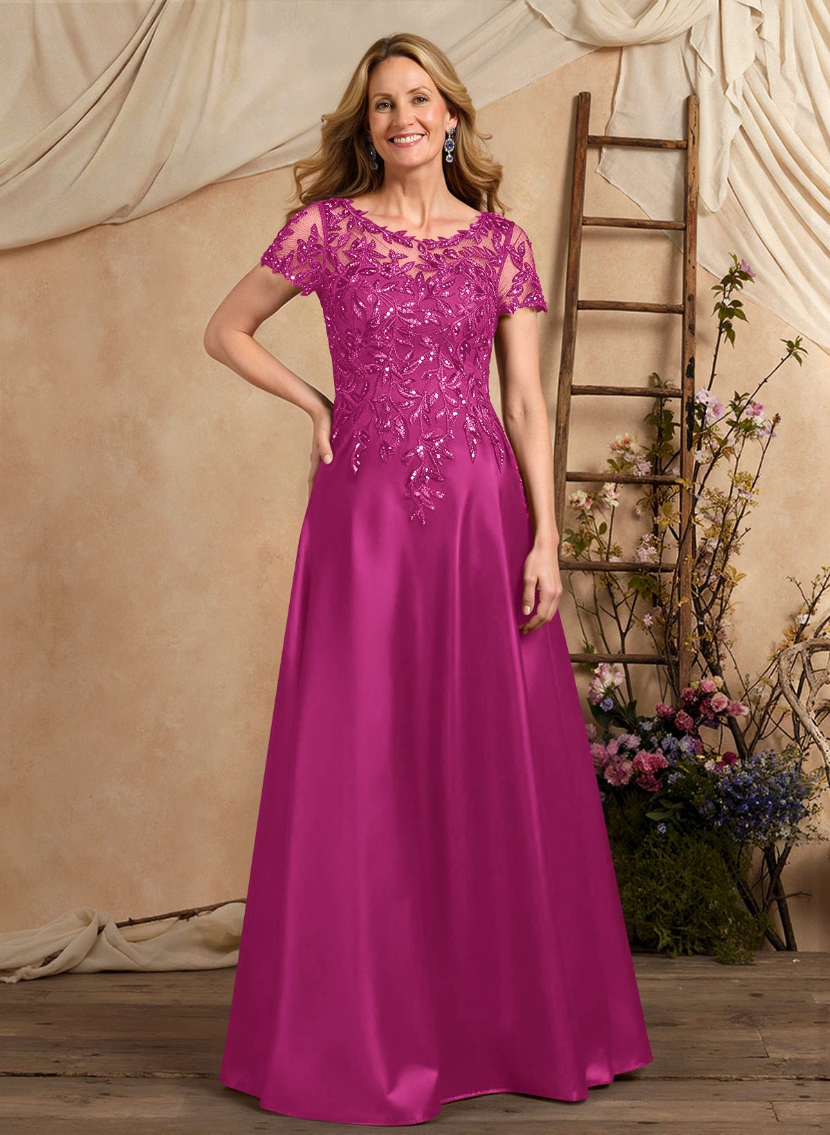 A-Line Illusion Neck Short Sleeves Floor-Length Lace Satin Sequined Mother Of The Bride Dresses