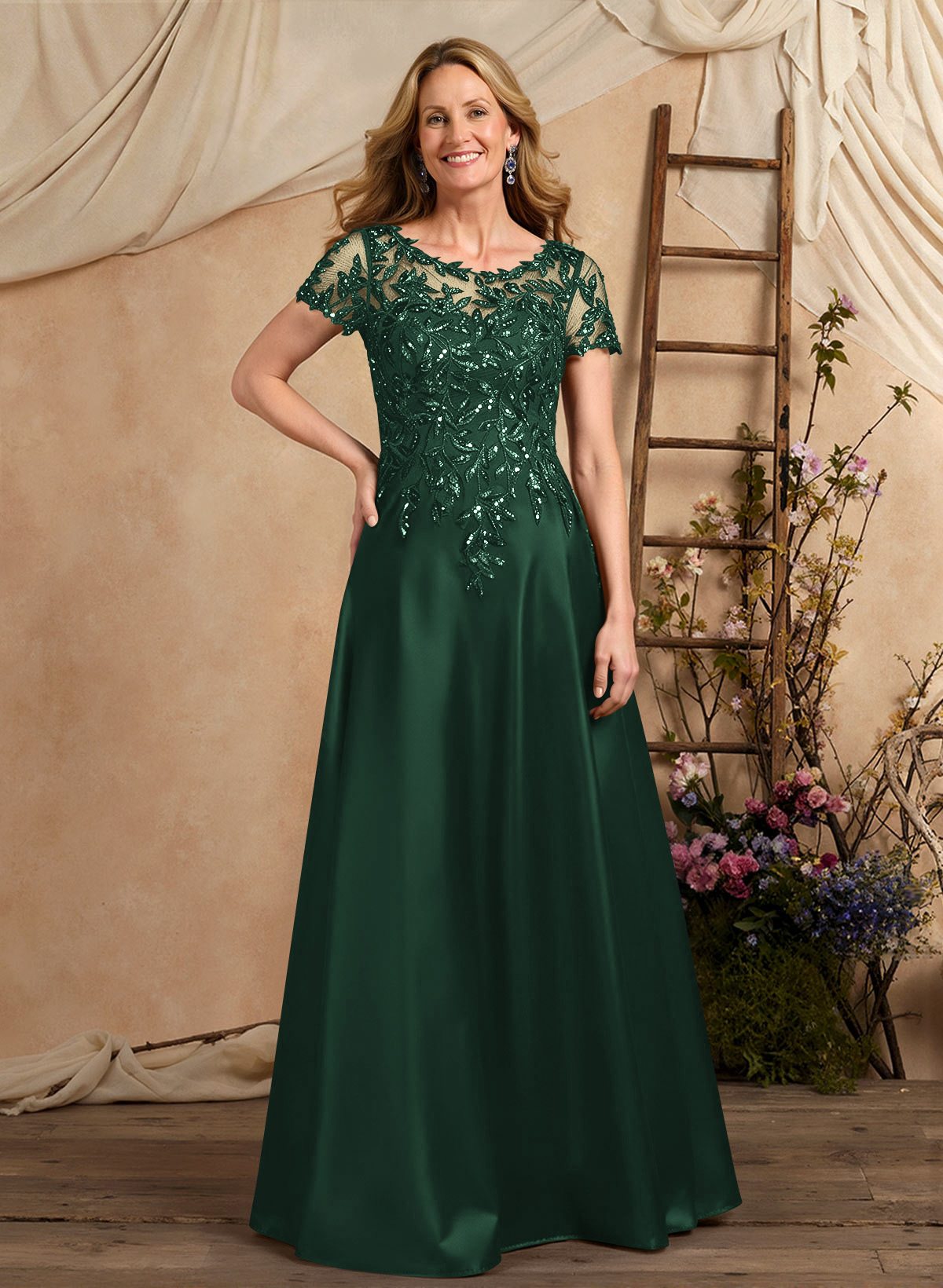 A-Line Illusion Neck Short Sleeves Floor-Length Lace Satin Sequined Mother Of The Bride Dresses
