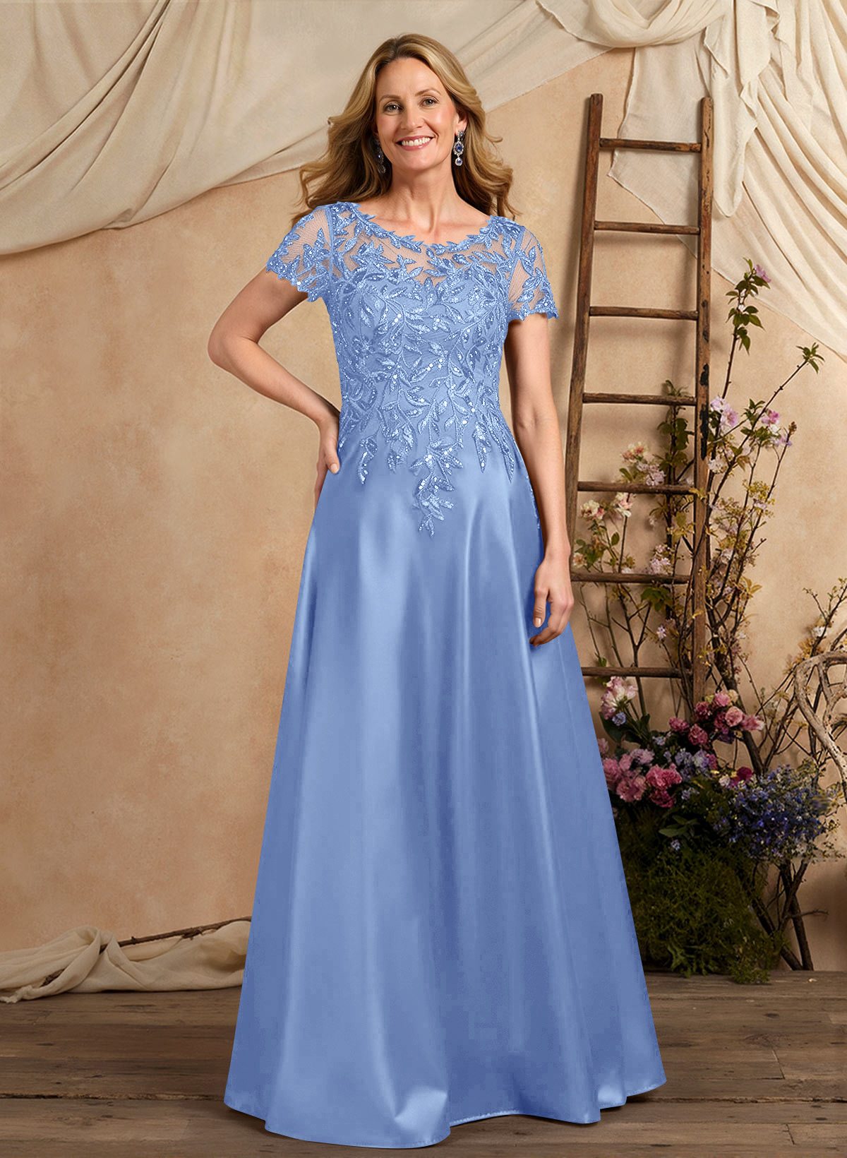 A-Line Illusion Neck Short Sleeves Floor-Length Lace Satin Sequined Mother Of The Bride Dresses