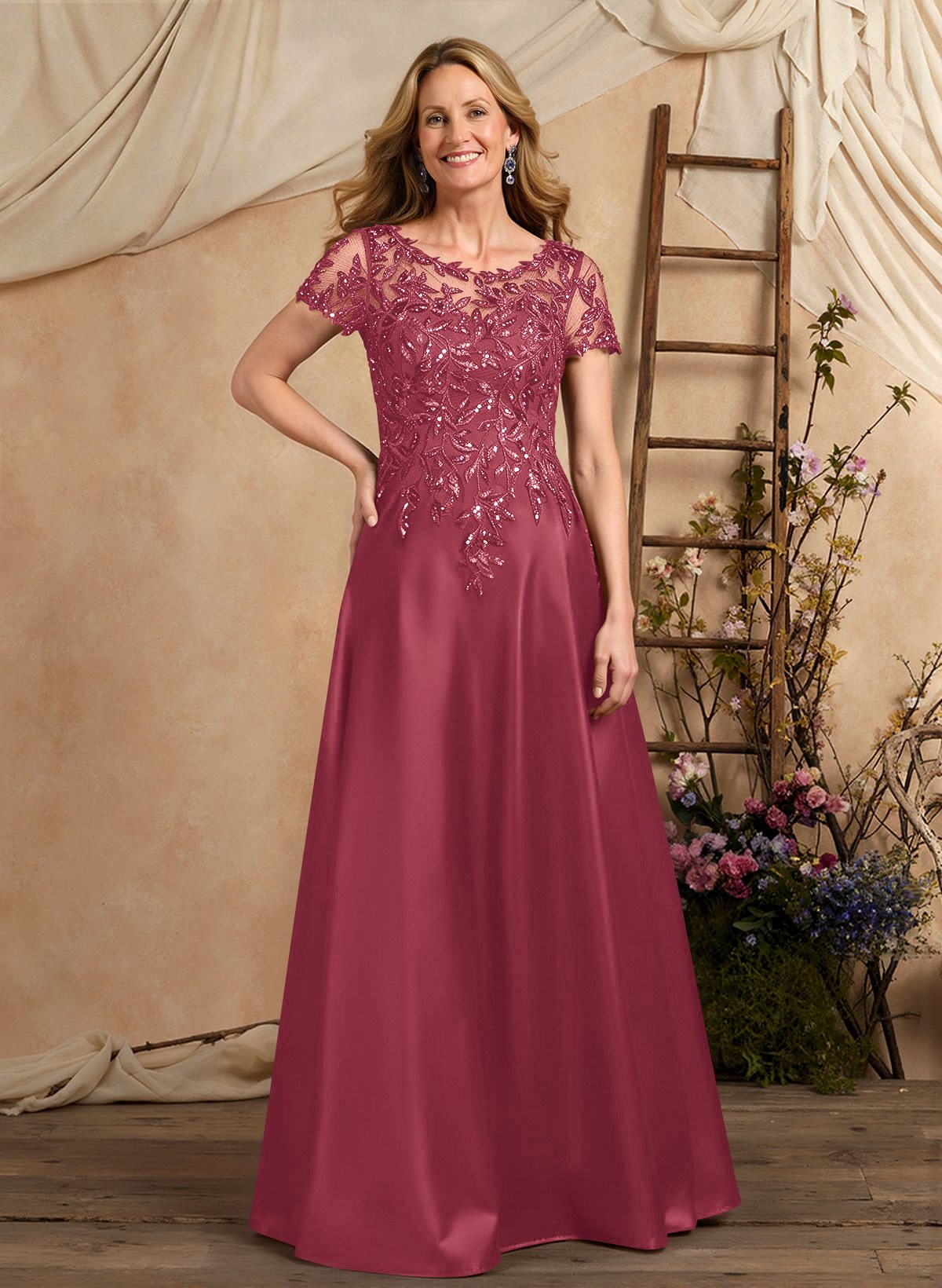 A-Line Illusion Neck Short Sleeves Floor-Length Lace Satin Sequined Mother Of The Bride Dresses