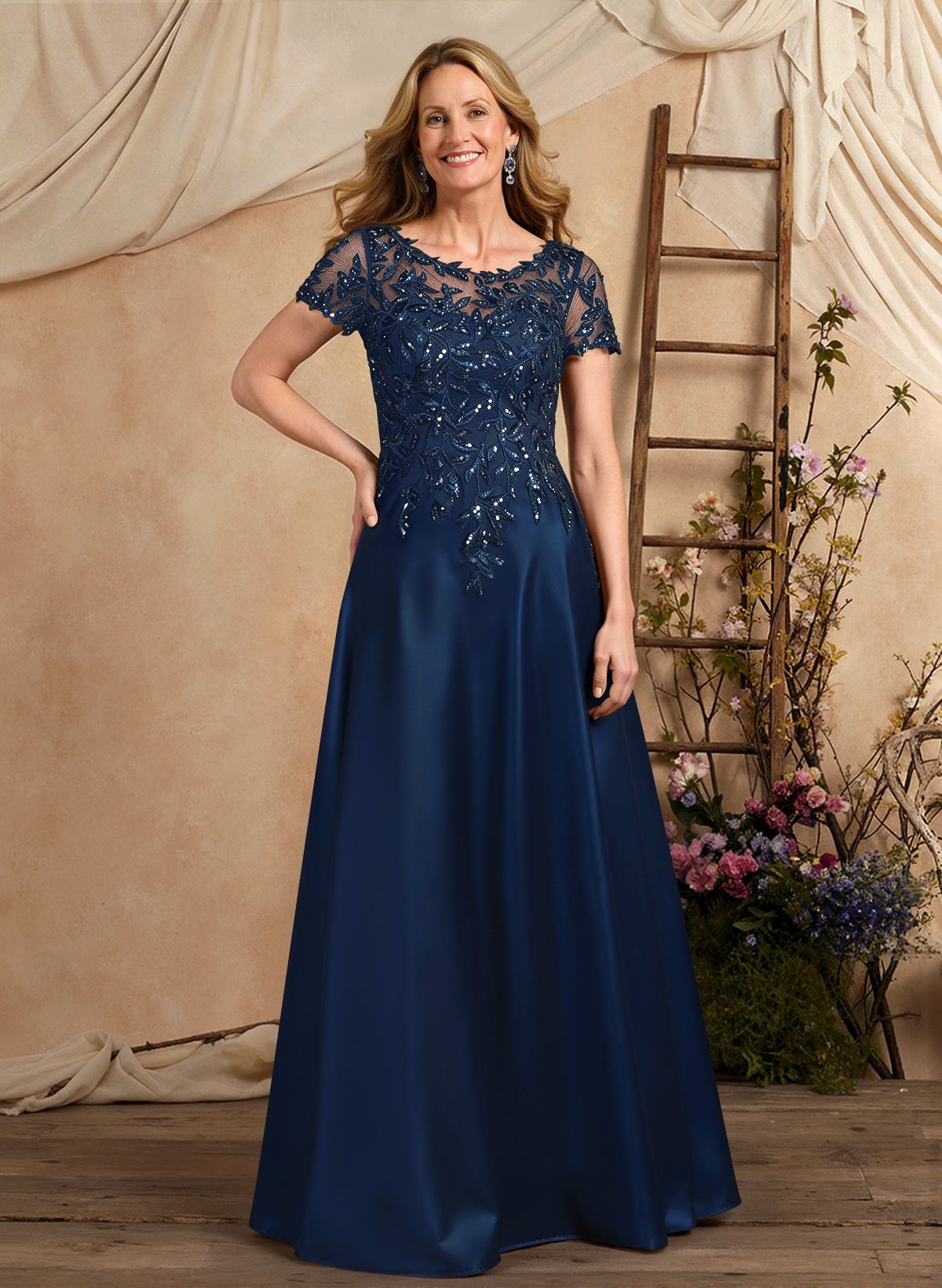 A-Line Illusion Neck Short Sleeves Floor-Length Lace Satin Sequined Mother Of The Bride Dresses