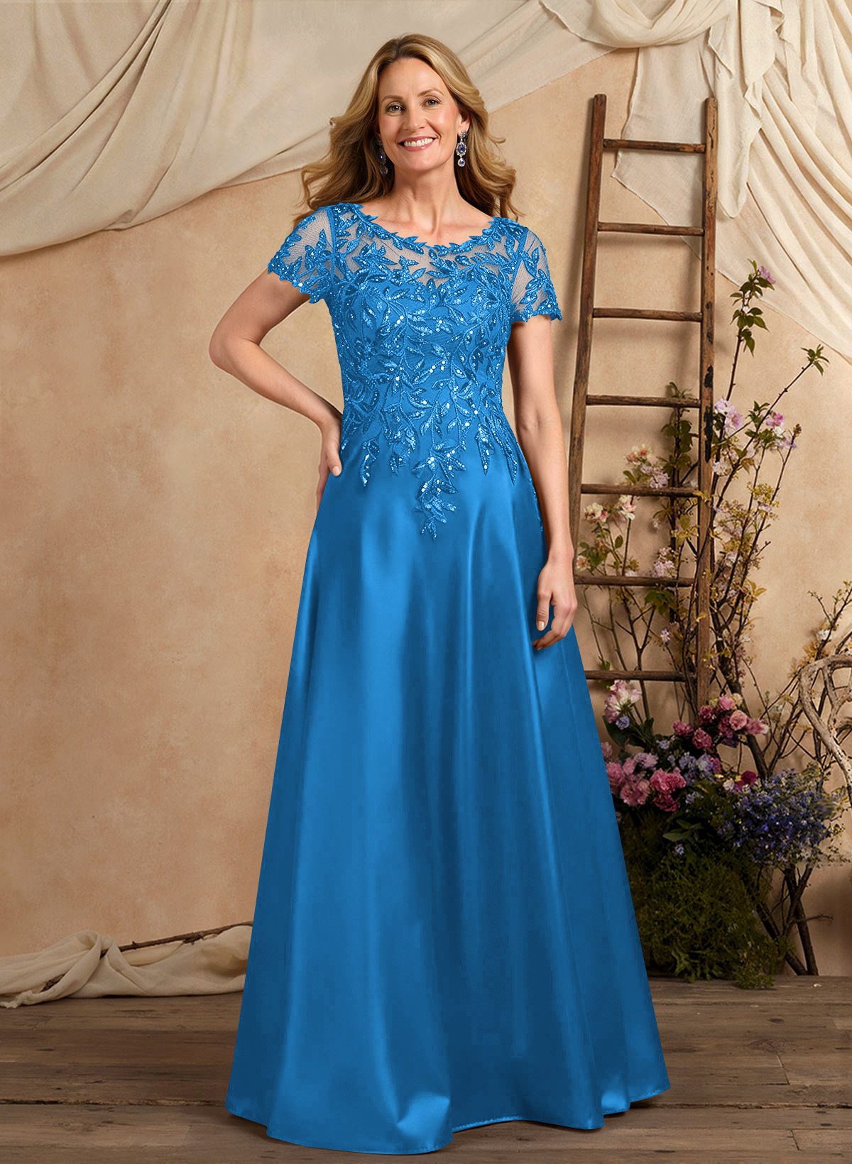 A-Line Illusion Neck Short Sleeves Floor-Length Lace Satin Sequined Mother Of The Bride Dresses