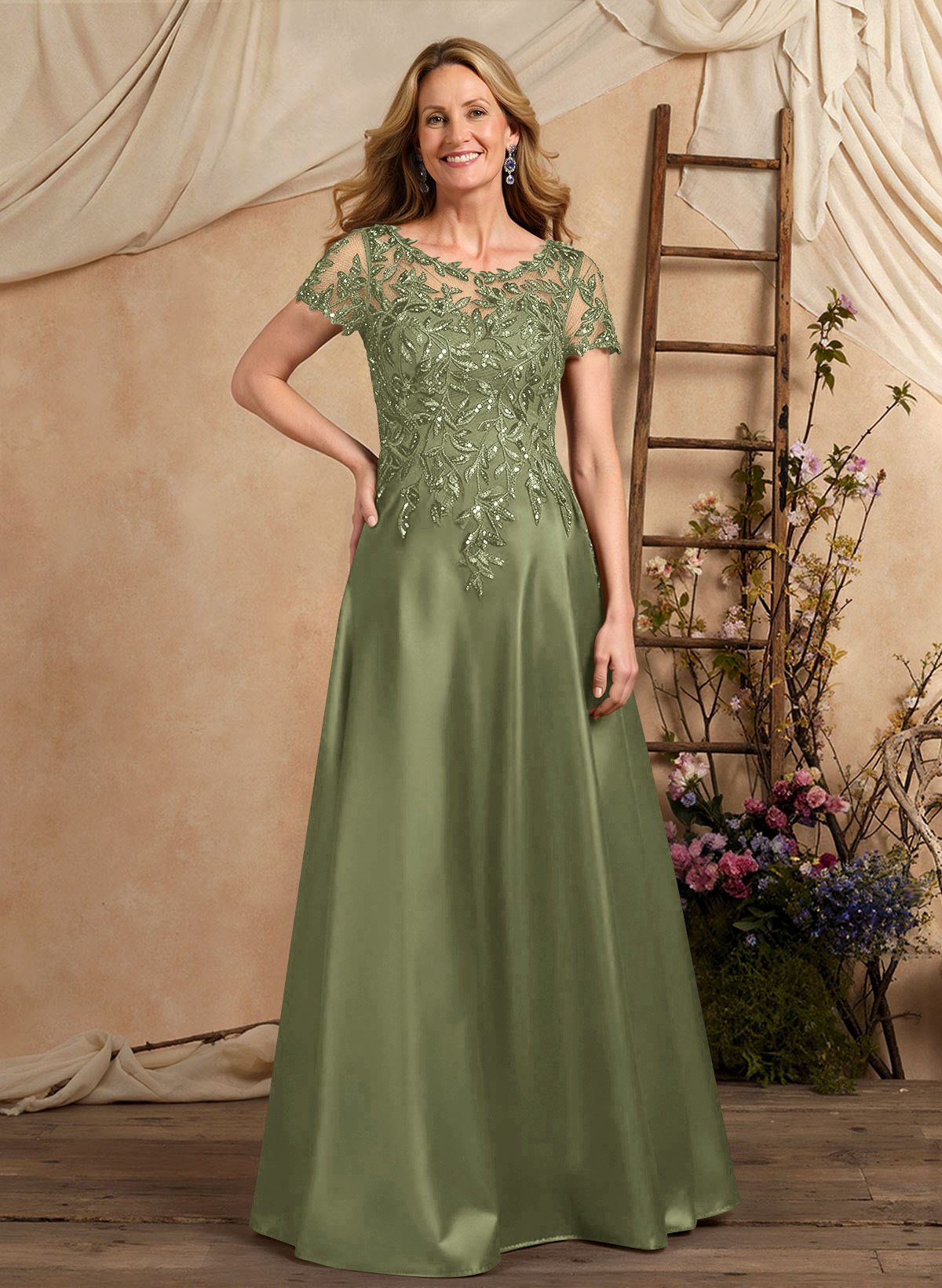 A-Line Illusion Neck Short Sleeves Floor-Length Lace Satin Sequined Mother Of The Bride Dresses