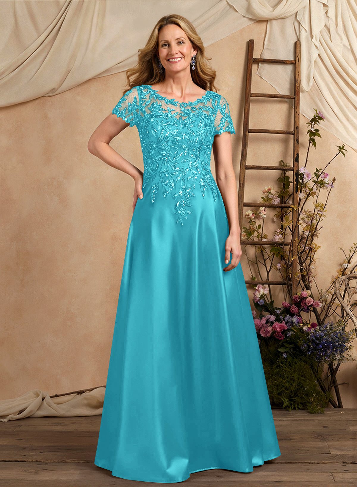 A-Line Illusion Neck Short Sleeves Floor-Length Lace Satin Sequined Mother Of The Bride Dresses
