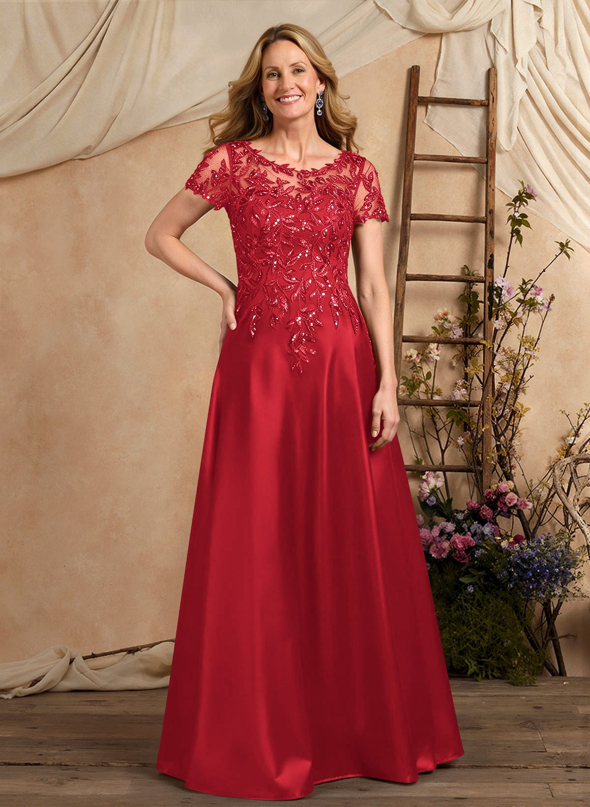 A-Line Illusion Neck Short Sleeves Floor-Length Lace Satin Sequined Mother Of The Bride Dresses