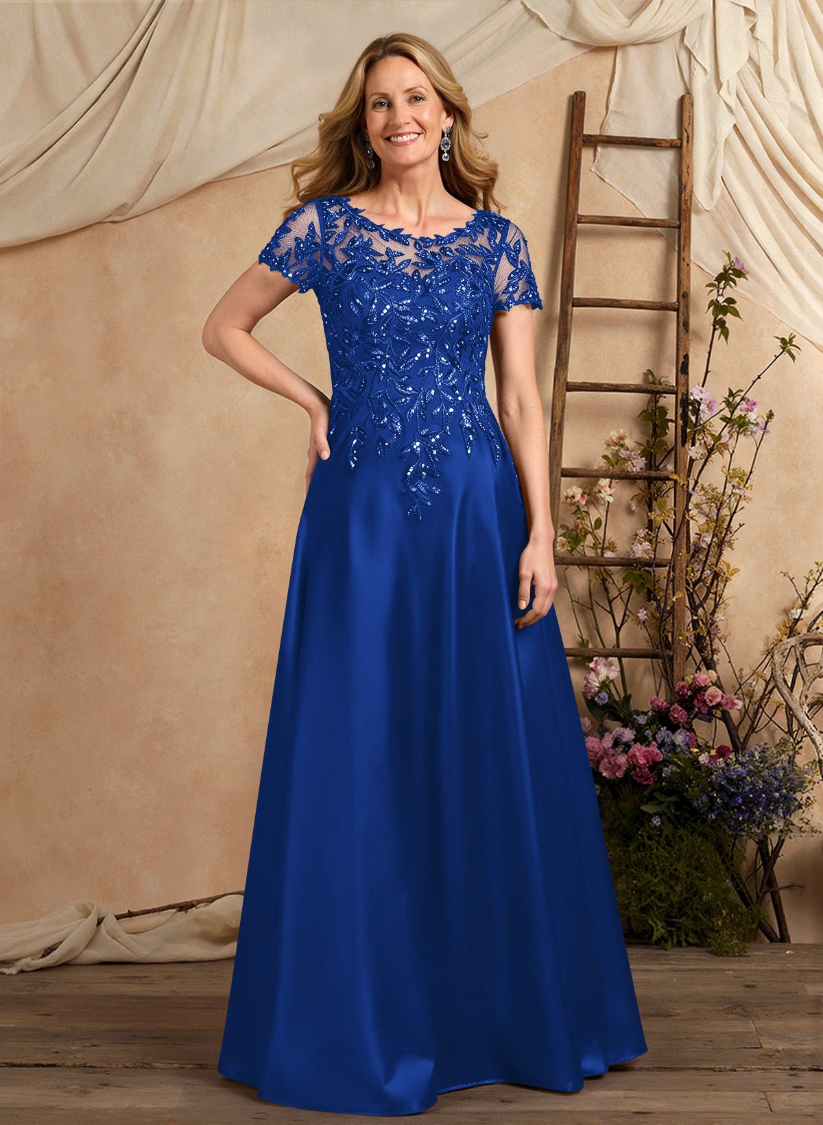A-Line Illusion Neck Short Sleeves Floor-Length Lace Satin Sequined Mother Of The Bride Dresses