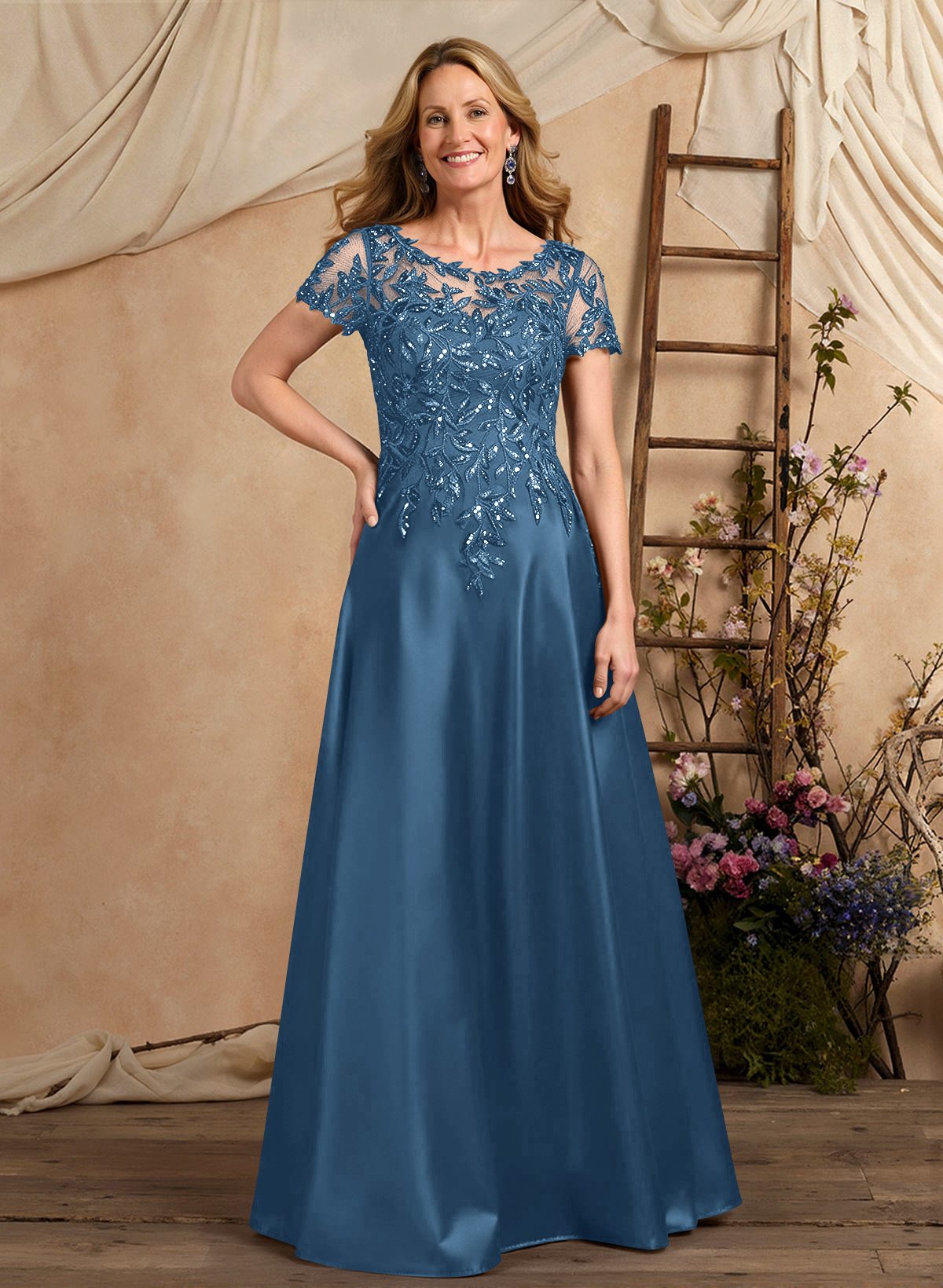 A-Line Illusion Neck Short Sleeves Floor-Length Lace Satin Sequined Mother Of The Bride Dresses