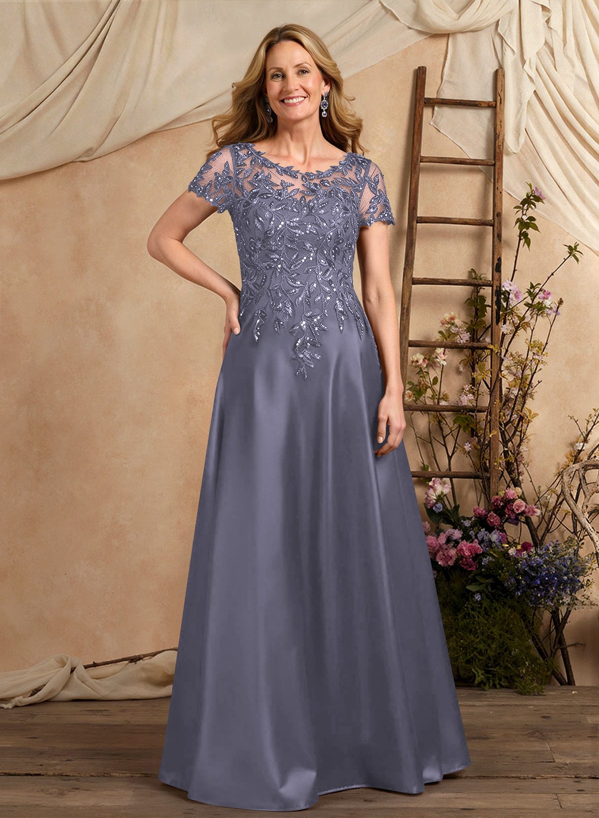 A-Line Illusion Neck Short Sleeves Floor-Length Lace Satin Sequined Mother Of The Bride Dresses
