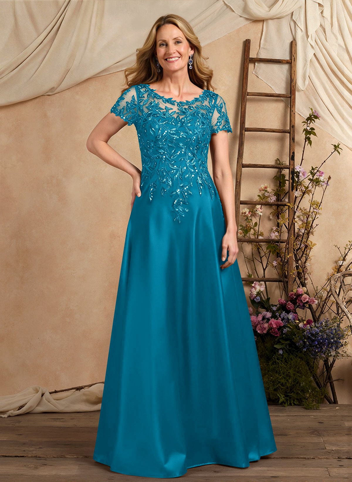 A-Line Illusion Neck Short Sleeves Floor-Length Lace Satin Sequined Mother Of The Bride Dresses