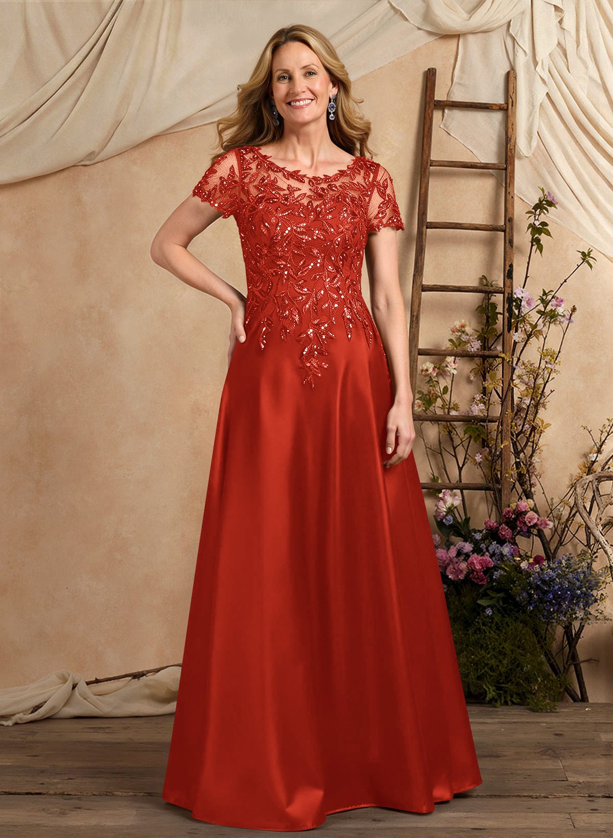 A-Line Illusion Neck Short Sleeves Floor-Length Lace Satin Sequined Mother Of The Bride Dresses