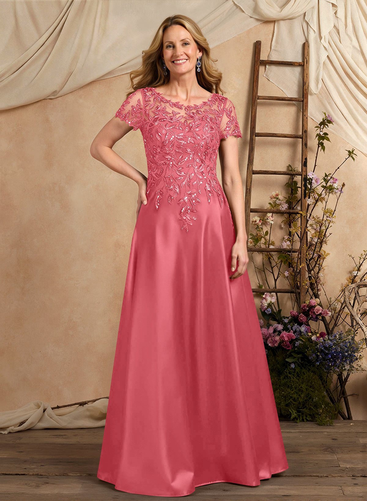 A-Line Illusion Neck Short Sleeves Floor-Length Lace Satin Sequined Mother Of The Bride Dresses
