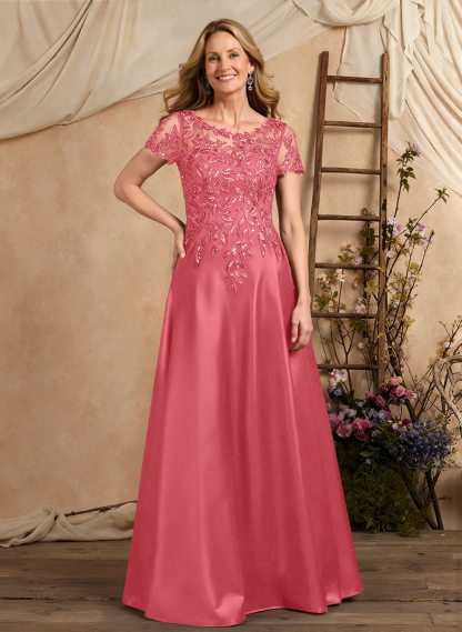 A-Line Illusion Neck Short Sleeves Floor-Length Lace Satin Sequined Mother Of The Bride Dresses
