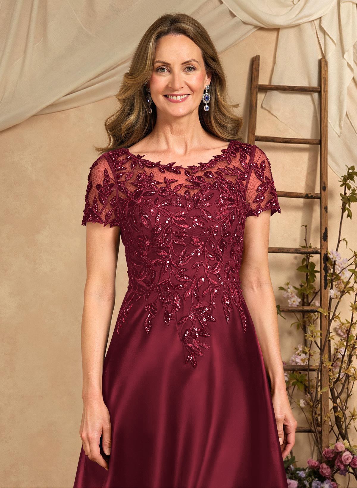 A-Line Illusion Neck Short Sleeves Floor-Length Lace Satin Sequined Mother Of The Bride Dresses