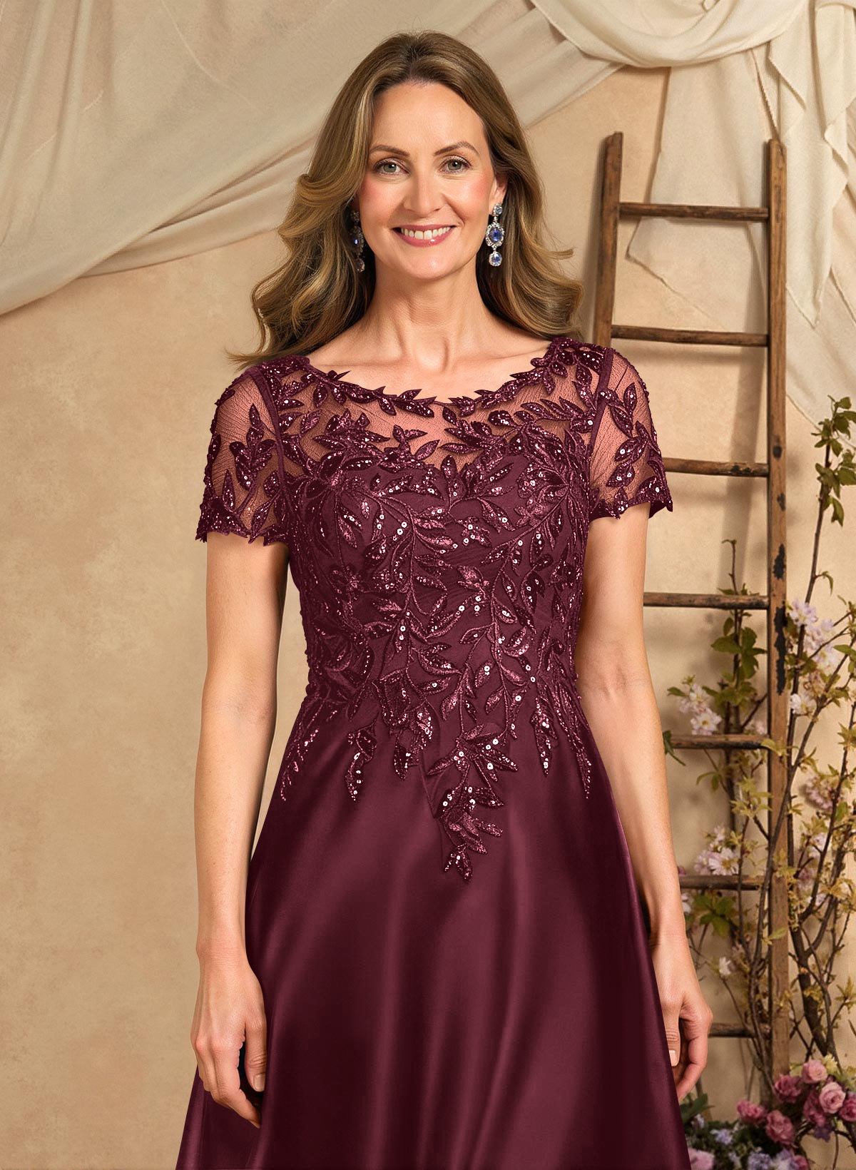A-Line Illusion Neck Short Sleeves Floor-Length Lace Satin Sequined Mother Of The Bride Dresses