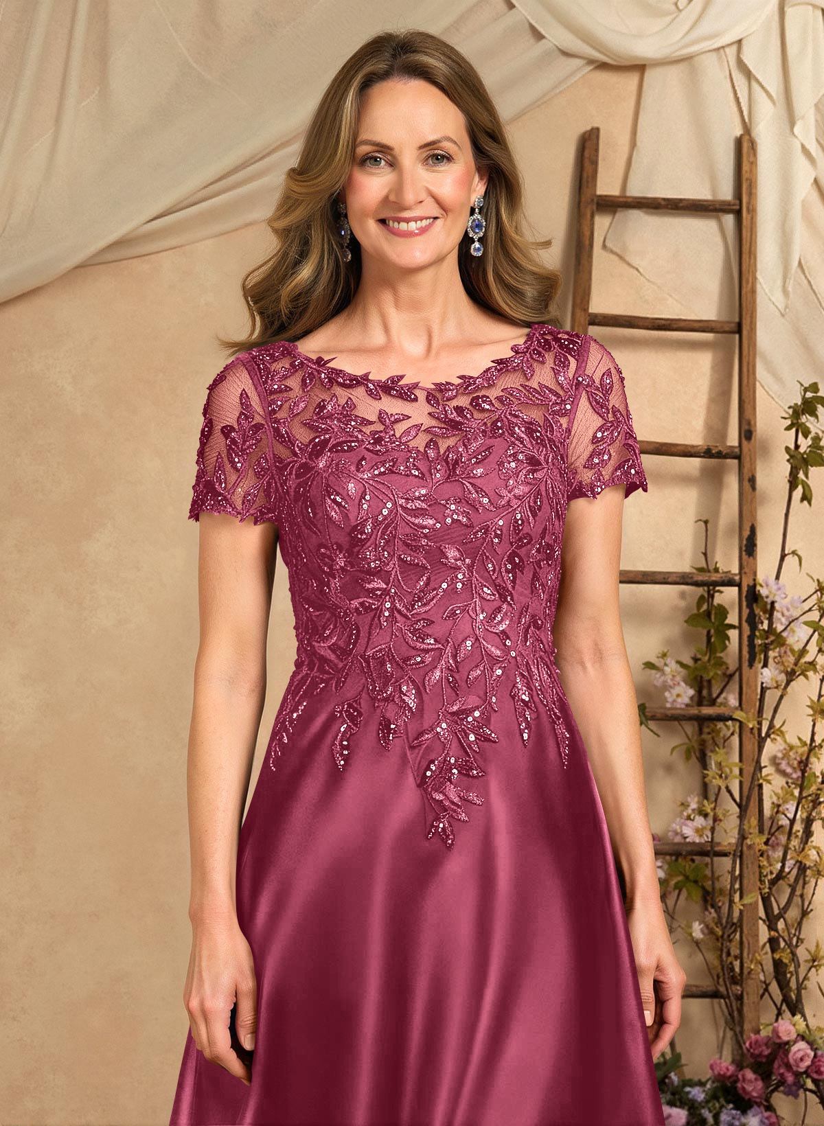 A-Line Illusion Neck Short Sleeves Floor-Length Lace Satin Sequined Mother Of The Bride Dresses