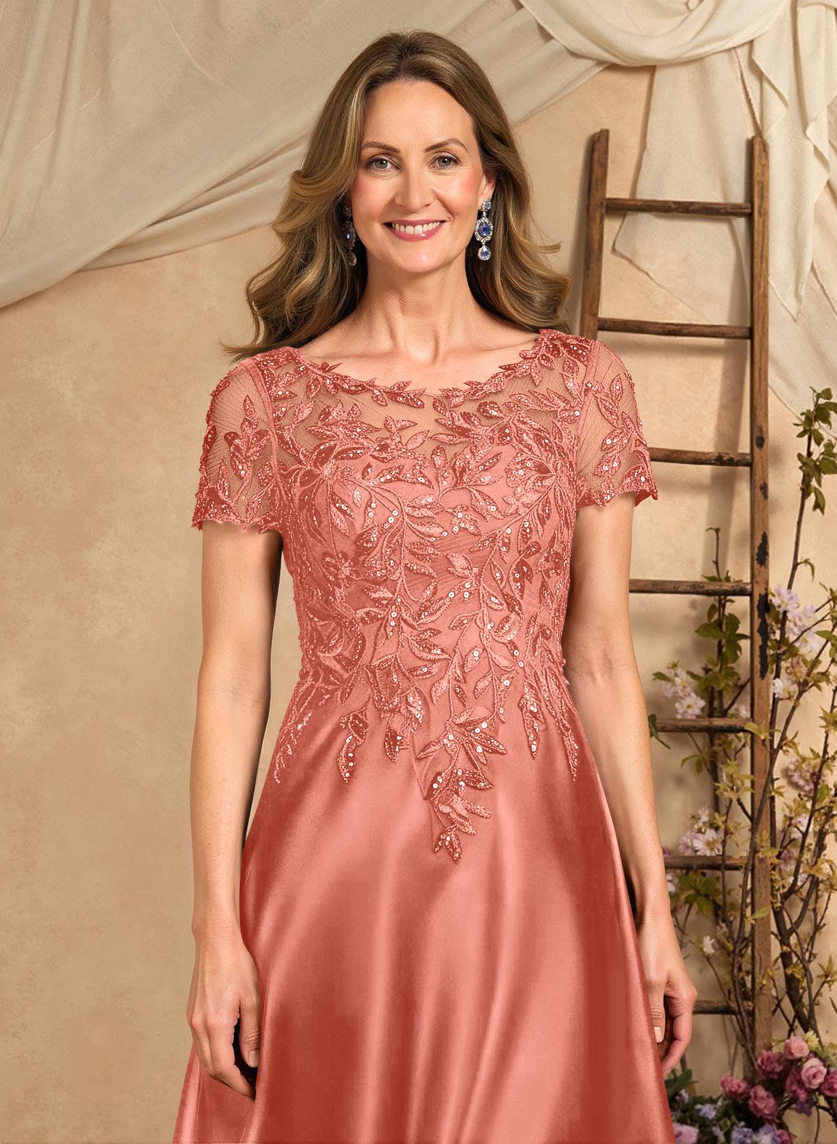 A-Line Illusion Neck Short Sleeves Floor-Length Lace Satin Sequined Mother Of The Bride Dresses