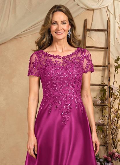 A-Line Illusion Neck Short Sleeves Floor-Length Lace Satin Sequined Mother Of The Bride Dresses