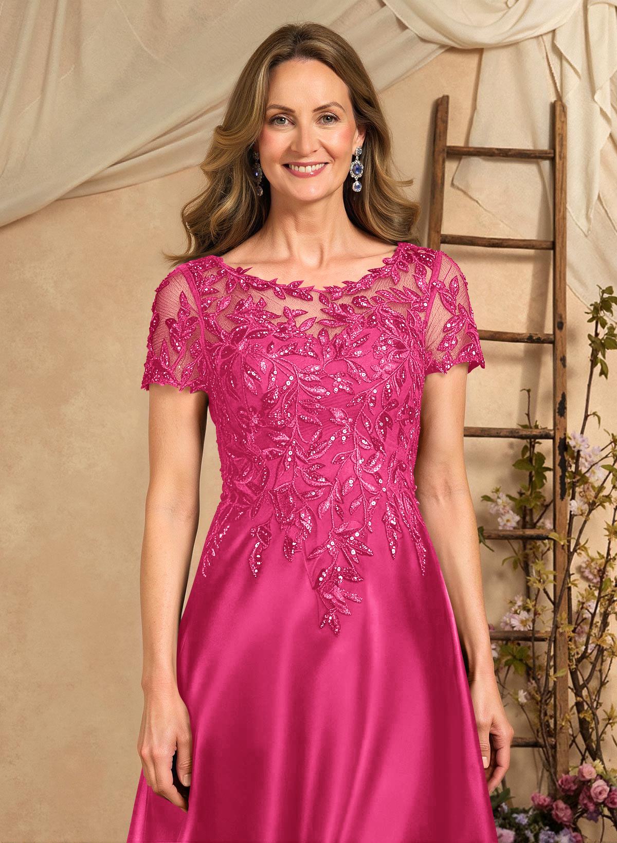 A-Line Illusion Neck Short Sleeves Floor-Length Lace Satin Sequined Mother Of The Bride Dresses