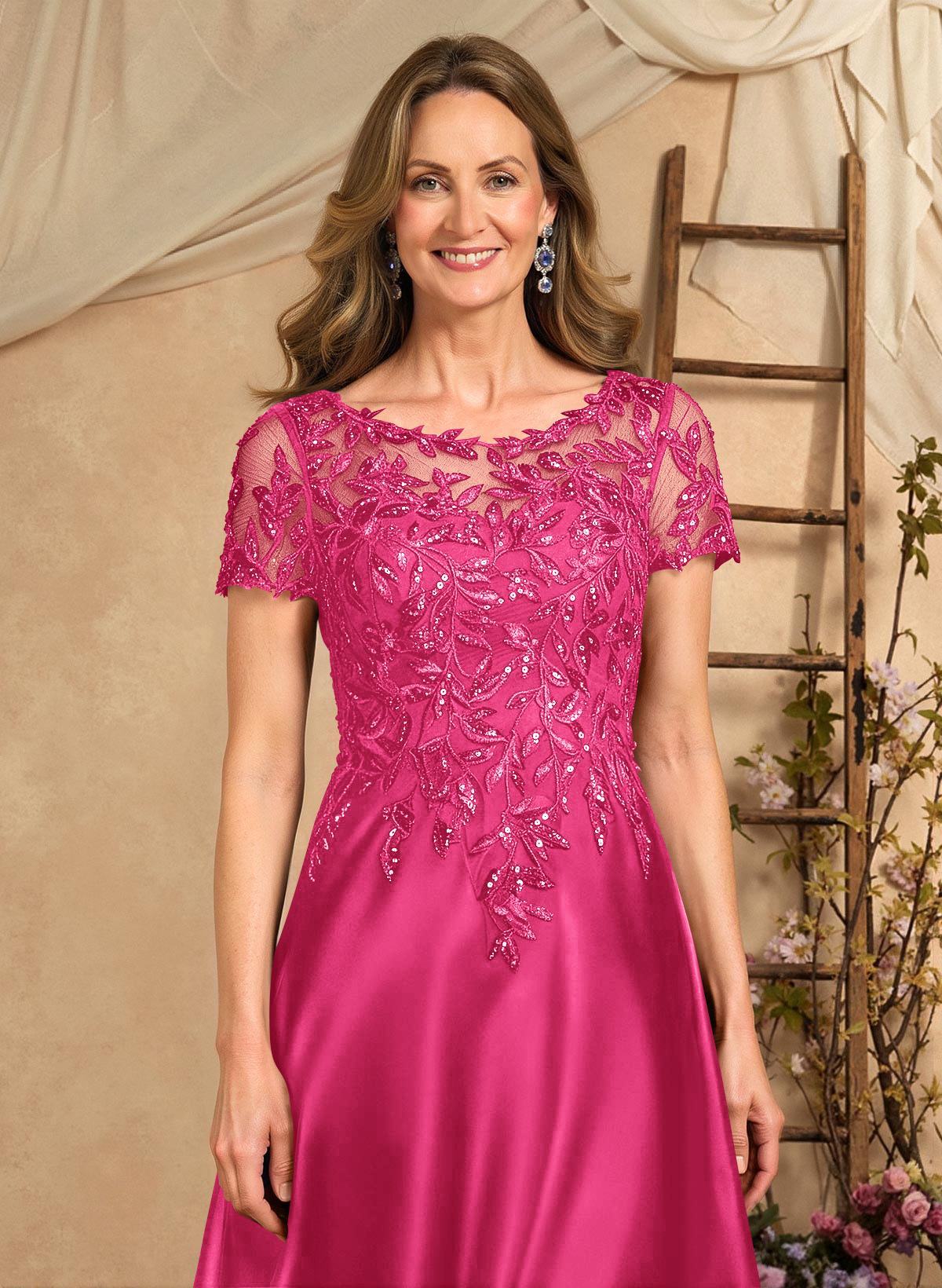 A-Line Illusion Neck Short Sleeves Floor-Length Lace Satin Sequined Mother Of The Bride Dresses