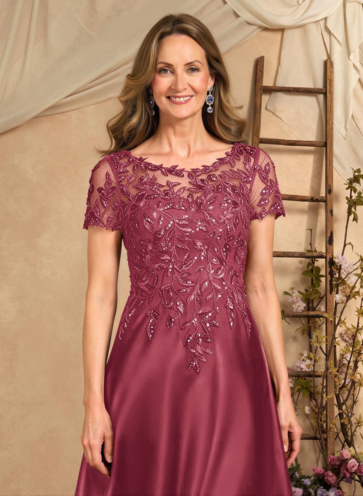 A-Line Illusion Neck Short Sleeves Floor-Length Lace Satin Sequined Mother Of The Bride Dresses