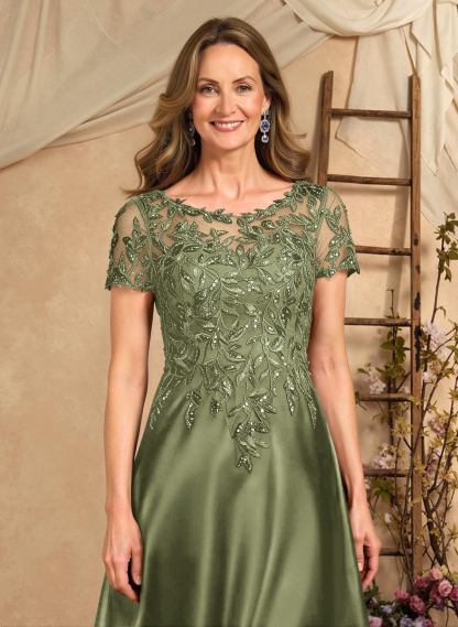 A-Line Illusion Neck Short Sleeves Floor-Length Lace Satin Sequined Mother Of The Bride Dresses