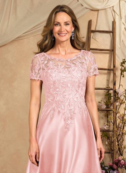 A-Line Illusion Neck Short Sleeves Floor-Length Lace Satin Sequined Mother Of The Bride Dresses
