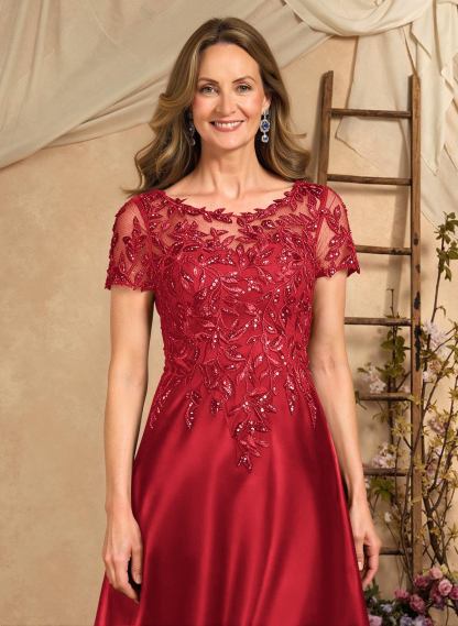 A-Line Illusion Neck Short Sleeves Floor-Length Lace Satin Sequined Mother Of The Bride Dresses