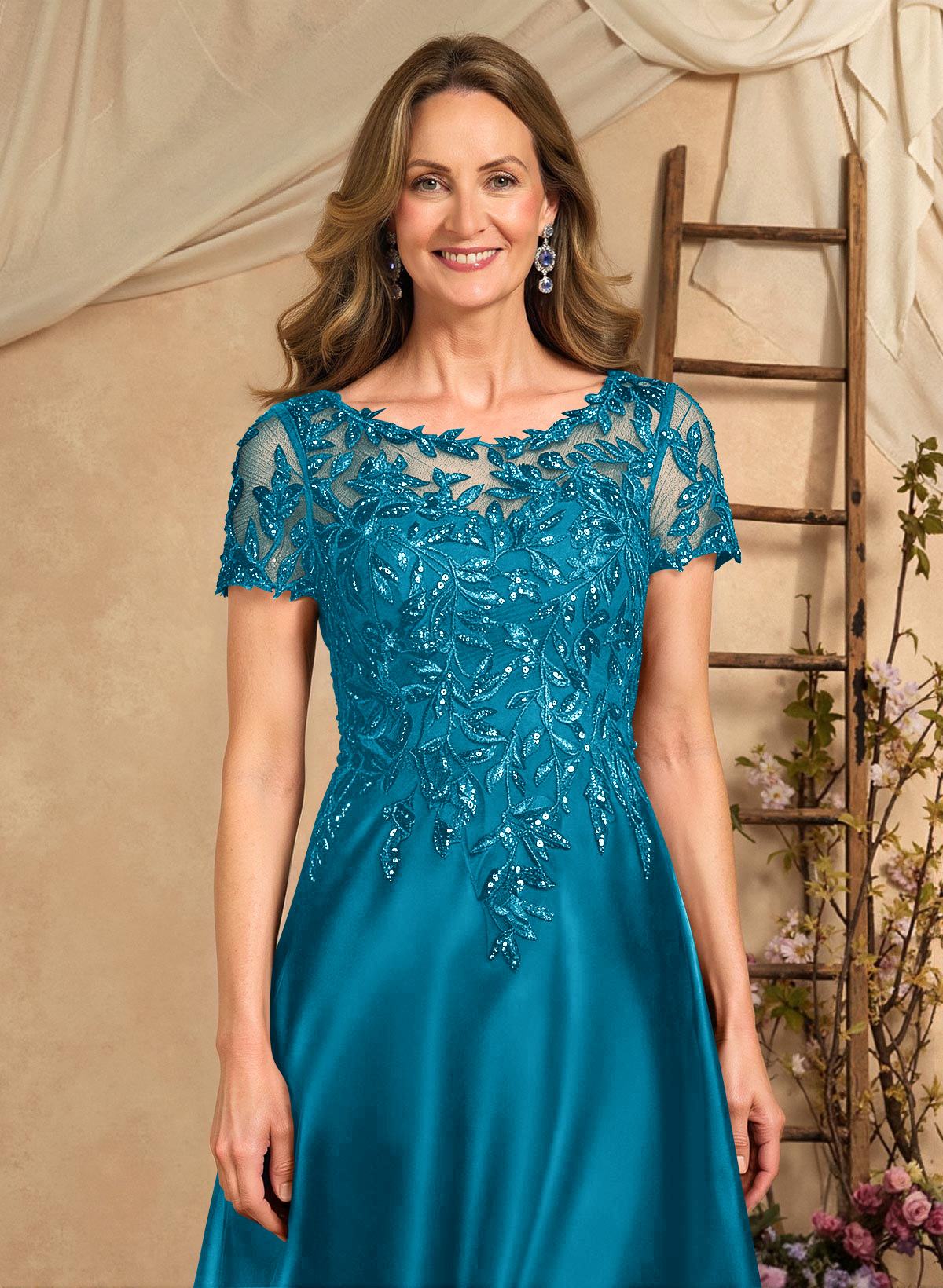 A-Line Illusion Neck Short Sleeves Floor-Length Lace Satin Sequined Mother Of The Bride Dresses