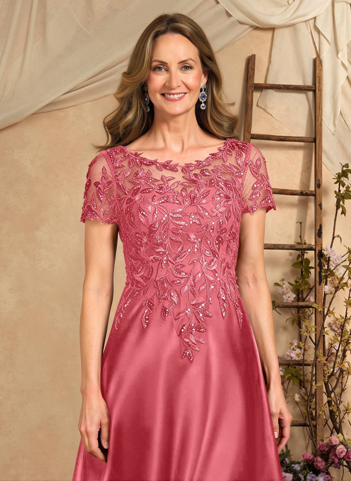 A-Line Illusion Neck Short Sleeves Floor-Length Lace Satin Sequined Mother Of The Bride Dresses